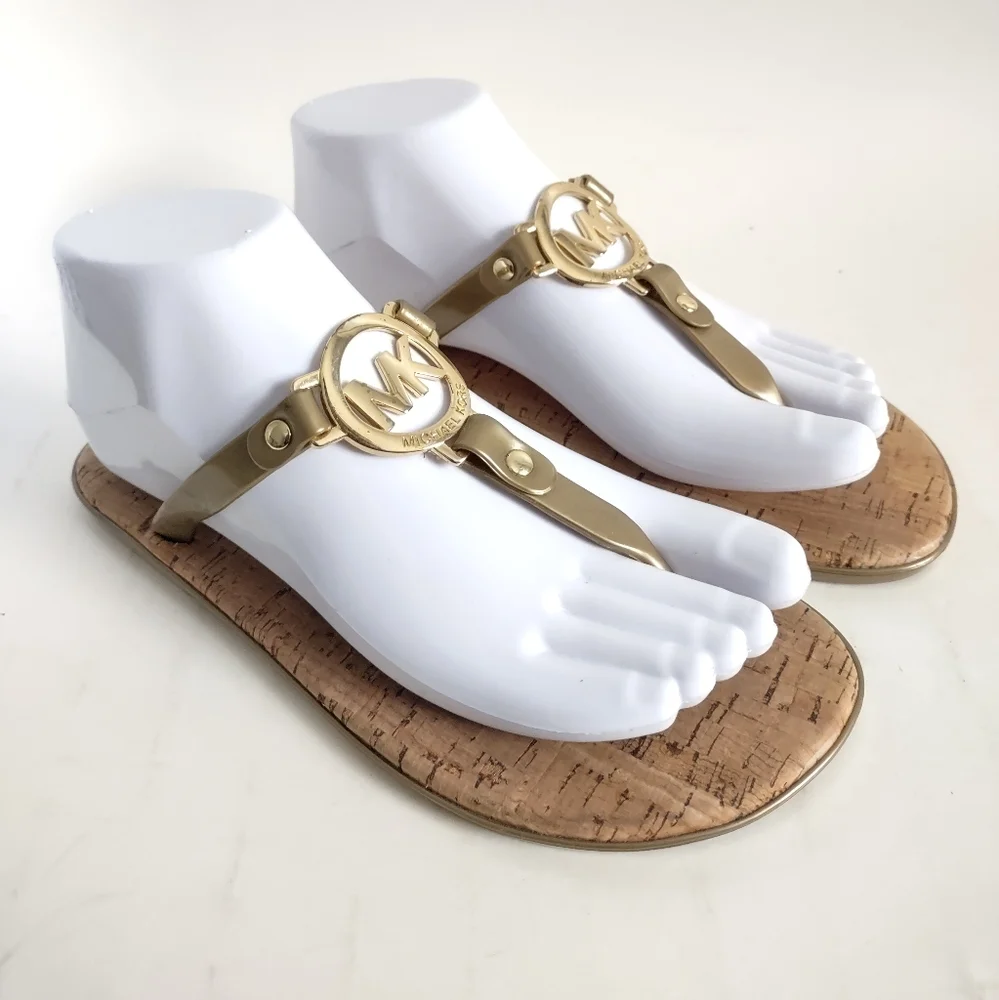 MICHAEL KORS Logo Medallion Jelly Cork Thongs Sandals Flip Flops Bronze Gold 7